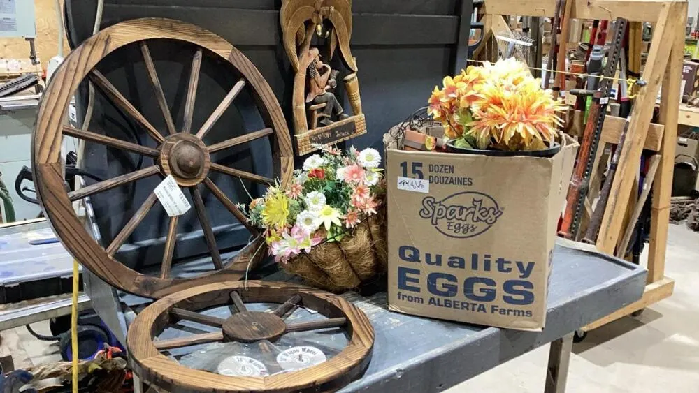SHELF #12 - ARTIFICIAL FLOWERS, DECORATIVE WOOD WAGON WHEELS,MISC