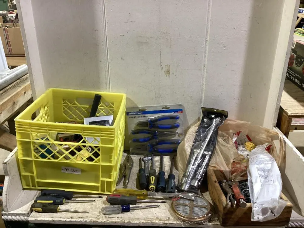 SHOP CRATE W/ SCREWDRIVERS, SCREWS, BOLTS, PILERS & MISCELLANEOUS