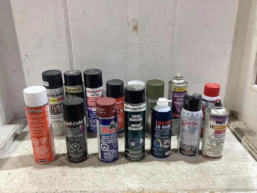 SHOP BOX OF MIXED FLUIDS W/ RUST-OLEUM, DUPLI-COLOR, ENGINE DEGREASER & MISCELLANEOUS