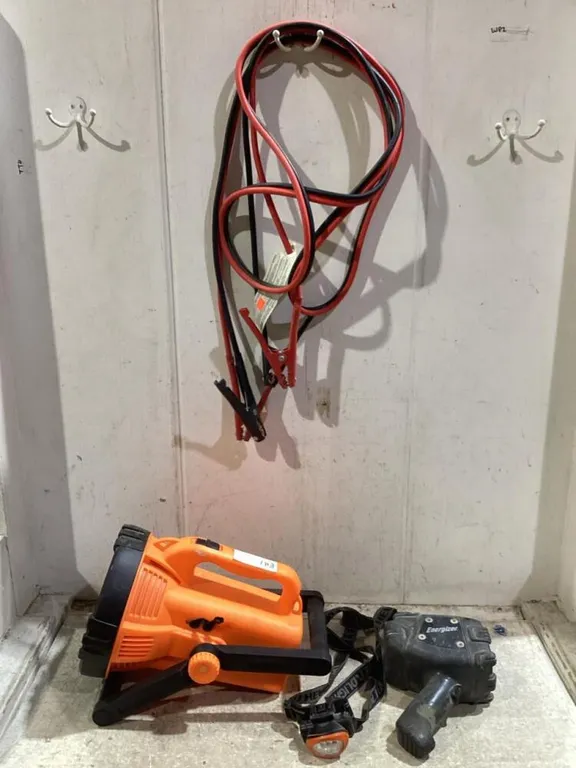 SHOP BOX W/ FLASHLIGHTS, BOOSTER CABLES & MISCELLANEOUS