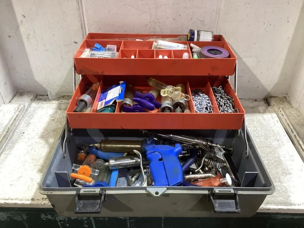 TOOL BOX W/ CONTENTS - SYRINGES, CHAINS & MISCELLANEOUS