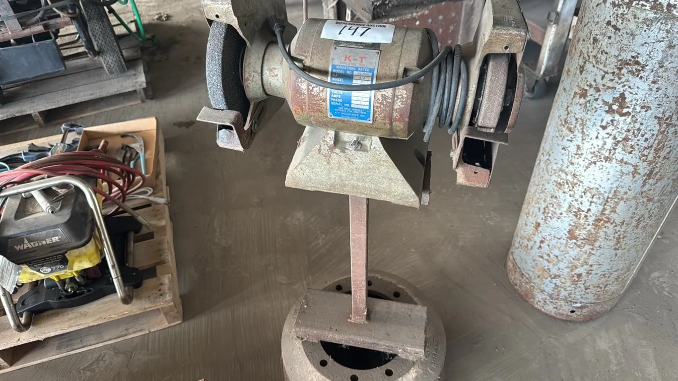 K-T 8" bench grinder on pedestal