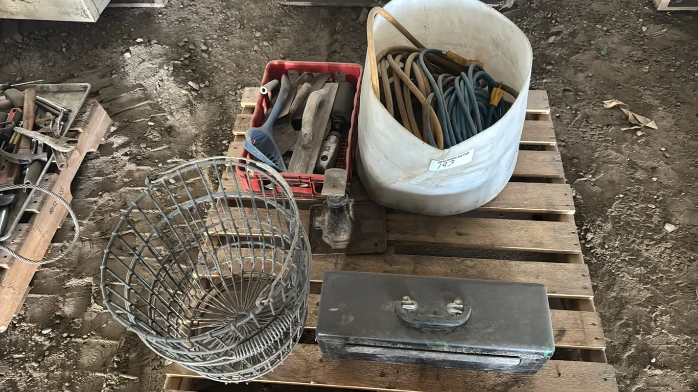 Assorted power cords, drywall tools & steel baskets