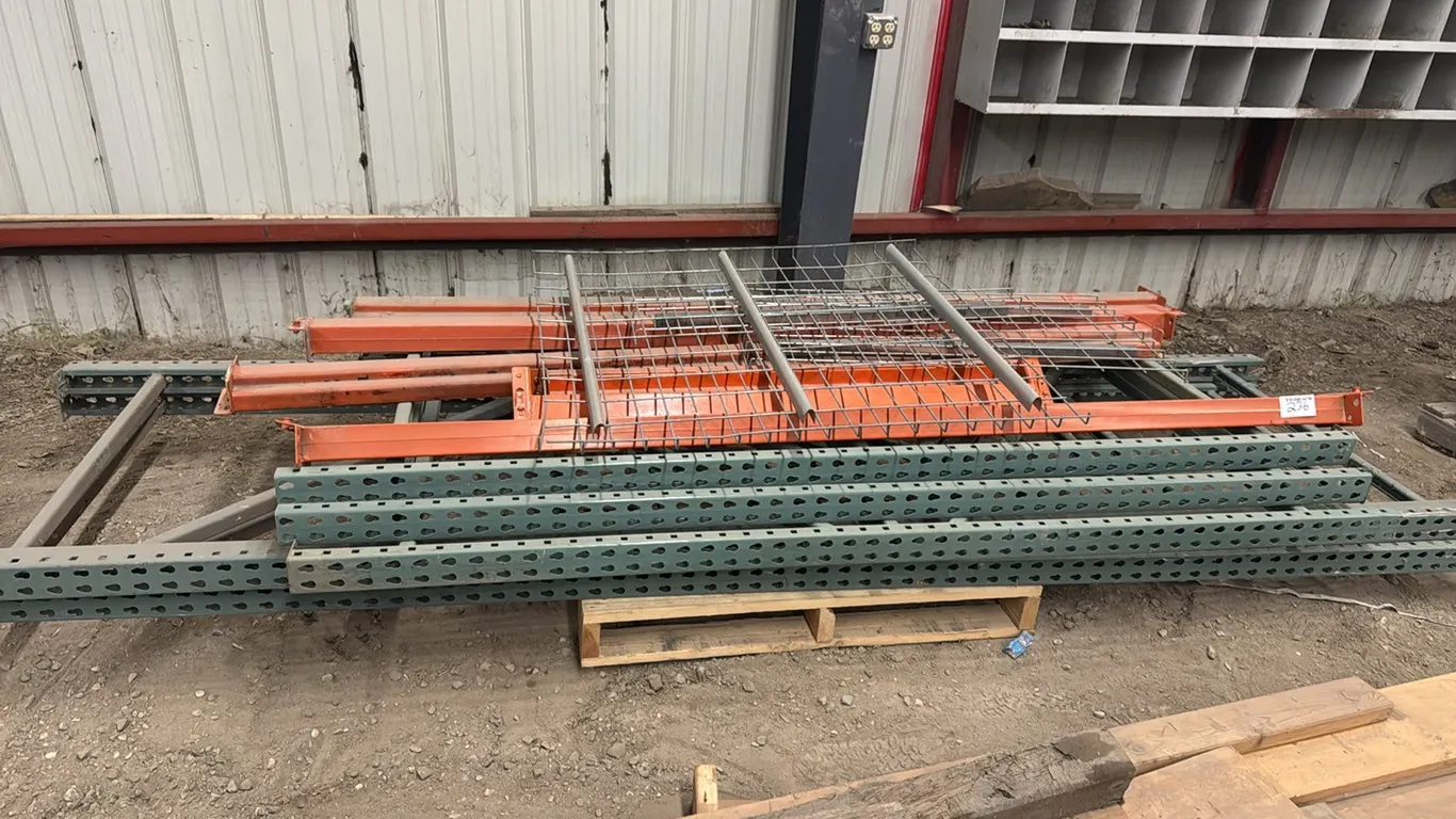 2) 12' x 42" pallet racking uprights w/ 3) 8' x 42" pallet racking uprights, 8' crossbars & mesh wire shelving