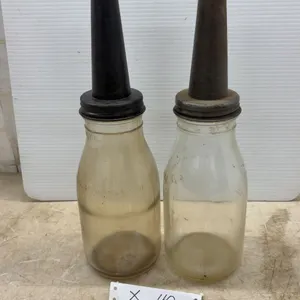 Two Vintage Imperial Quart Glass Motor Oil Dispensing Bottles with Pour Spouts