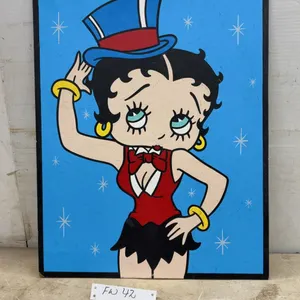 Betty Boop Hand-Painted Wall Plaque on Hardboard, Red Outfit with Top Hat on Blue Starry Background