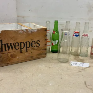 Schweppes Wooden Crate, 8 × 10 × 16” and 7 Soda Bottles: Hires, 7UP, Pepsi, Wynola
