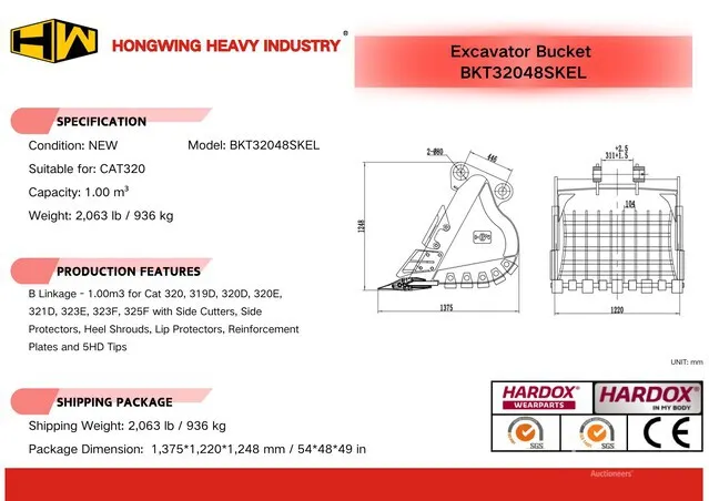 2026 HW BKT32048SKEL 48 in 1.00 m3 Skeleton Excavator Bucket - Fits Cat 320 (Unused)