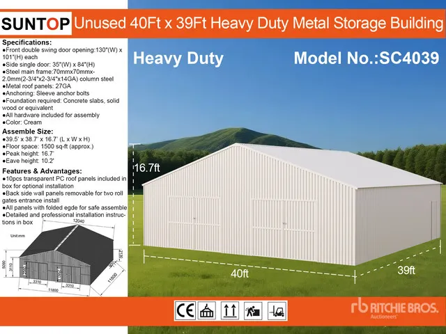 2026 SUNTOP SC4039 40 ft x 39 ft Double Garage Metal Storage Building (Unused)