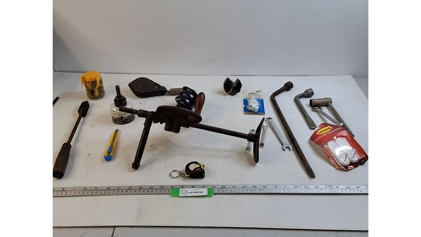 Hand Drill, Plumb Bob, Tire Irons, & Various Wrenches & Bits