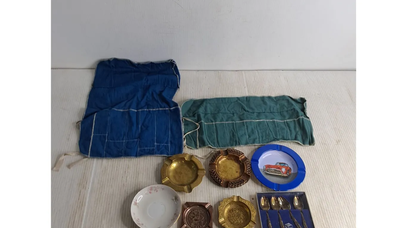 Vintage Brass Ash Trays, Cutlery Roll-up Storage, Silver Plated Teaspoons, Misc.