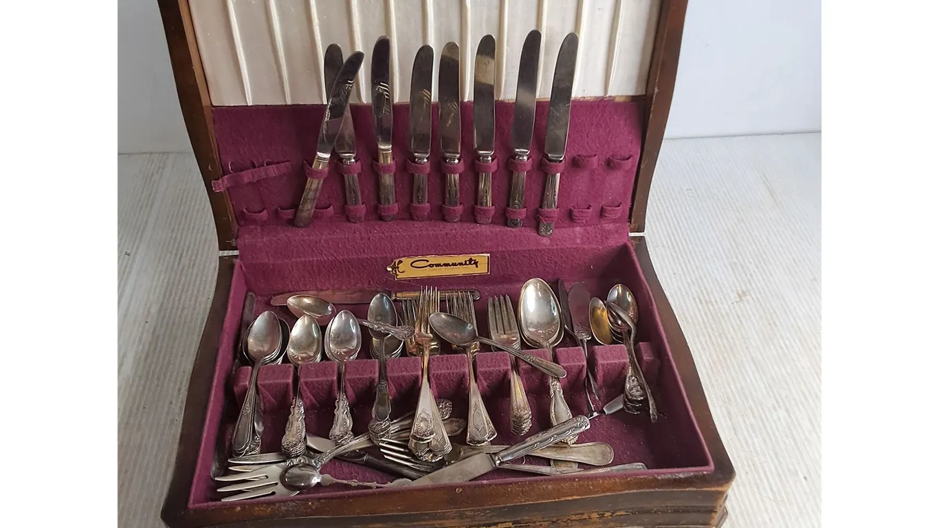 Vintage Stainless Steel & Silver Plated Cutlery, Wooden Storage Box - 17x12x4"
