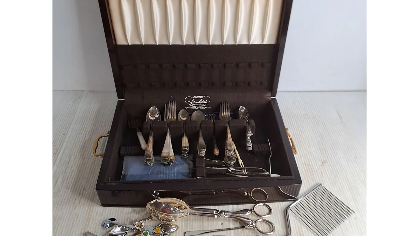 Vintage Stainless Steel & Silver Plated Cutlery, Wooden Storage Box - 17x12x4"