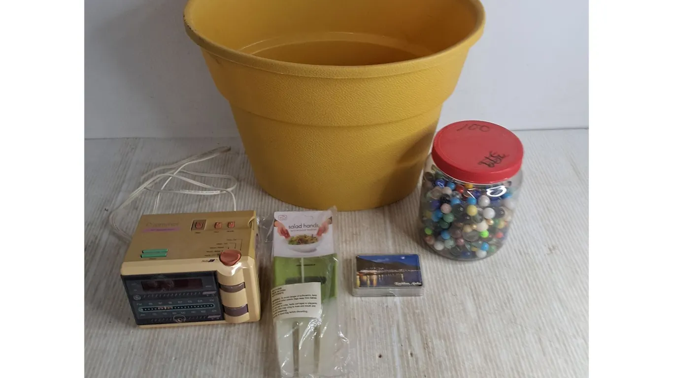 Jar of Marbles, P'jammer Alarm Clock - Powers On, Sealed Salad Tongs, Playing Cards, Plastic Bin