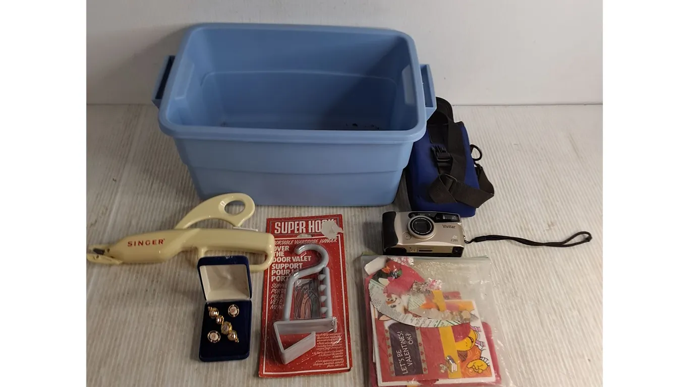 Singer Electric Shears, Jewelry Set, Super Hook, Holiday Cutouts, Vivitar Camera w/Case, Storage Bin