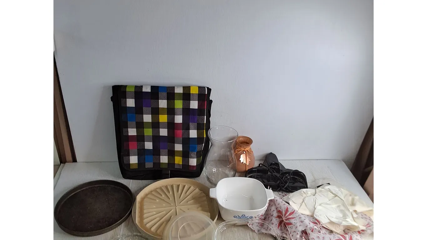 Assorted Kitchenware, Fabric Pieces, School Bag, Vases, Vacuum Dock Station