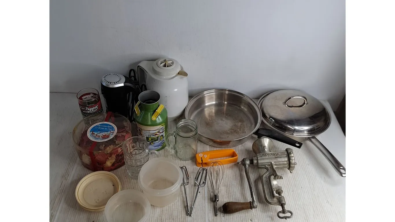 Assorted Kitchenware, Moravia Meat Grinder, Carafe, Blender - Tested, Misc.