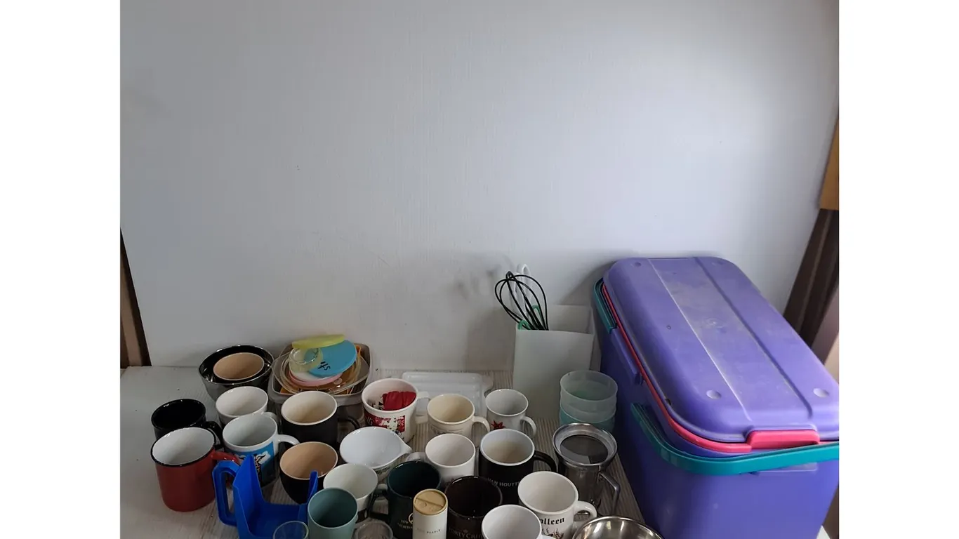 Large Quantity of Coffee Mugs, Kitchenware, Playing Cards, Storage Tote, Misc.