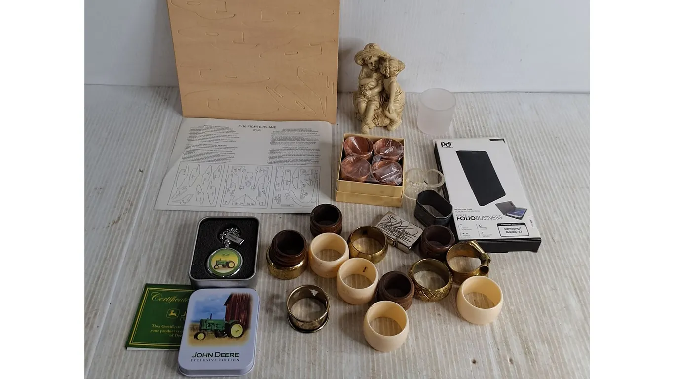 Napkin Holders, John Deere Pocket Watch w/COA, Unassembled Model Plane, Misc.