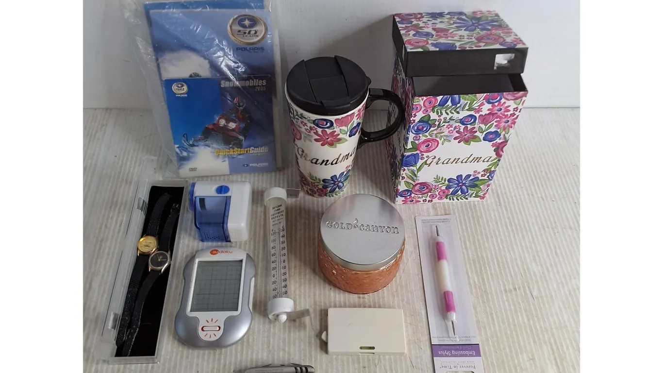 Ladies Watches, Pocket Knife, Grandma Travel Mug, Mimosa Rose Candle, Misc.
