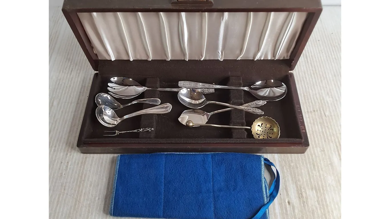 Assorted Utensils w/Wooden Storage Box & Roll-Up Storage