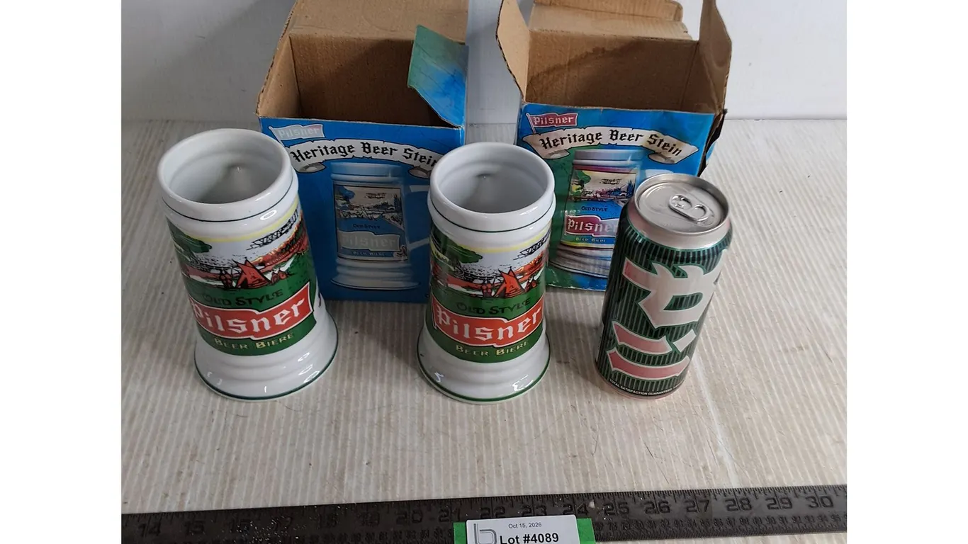 (2) Ceramic Pilsner Steins, Tall Can of Lite Beer - Cannot Ship