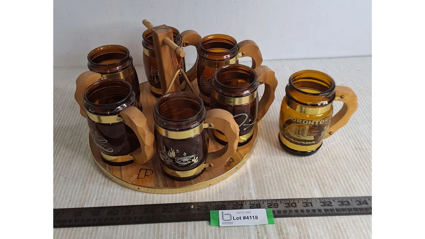 (7) Amber Glass Beer Steins w/Wooden Tray for 6, Dinner Triangle