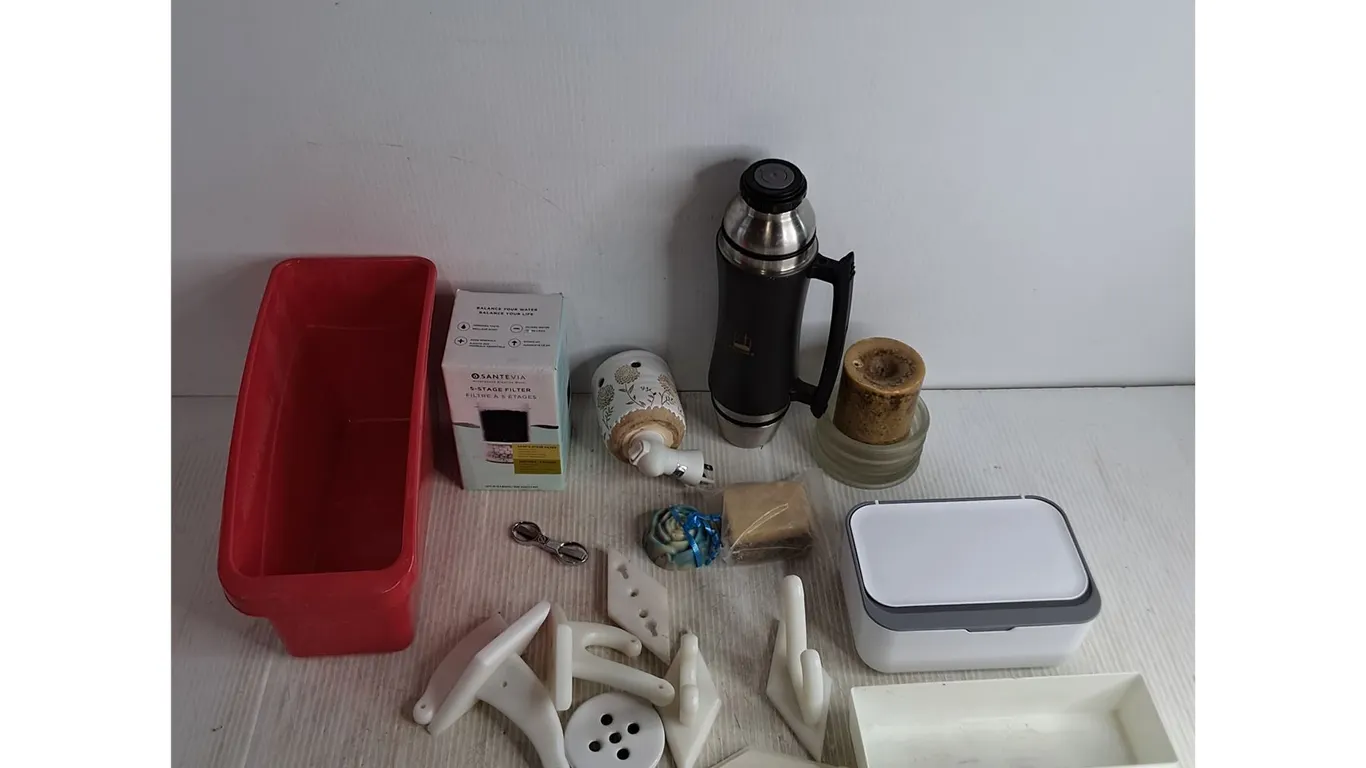 Water Filter, Bins, Wall Hooks, Candle, Thermos, Soaps, Diffuser, Misc.