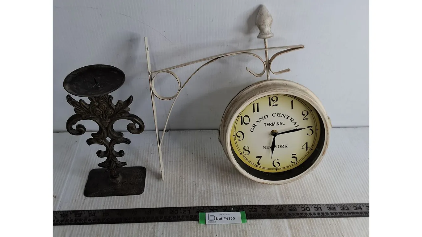 Vintage Retro Double Sided "Grand Central" Station Clock, Metal 10" Candle Holder