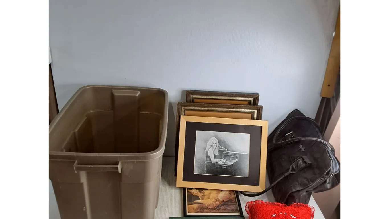 (5) Framed Prints & Photos - Largest 17x14", Foxy Jeans Shoulder Bag, Storage Bin - Cannot Ship