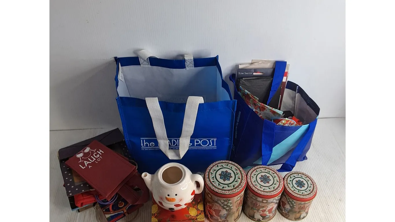 Snowman Teapot, Nesting Christmas Tins, Assorted Gift Bags