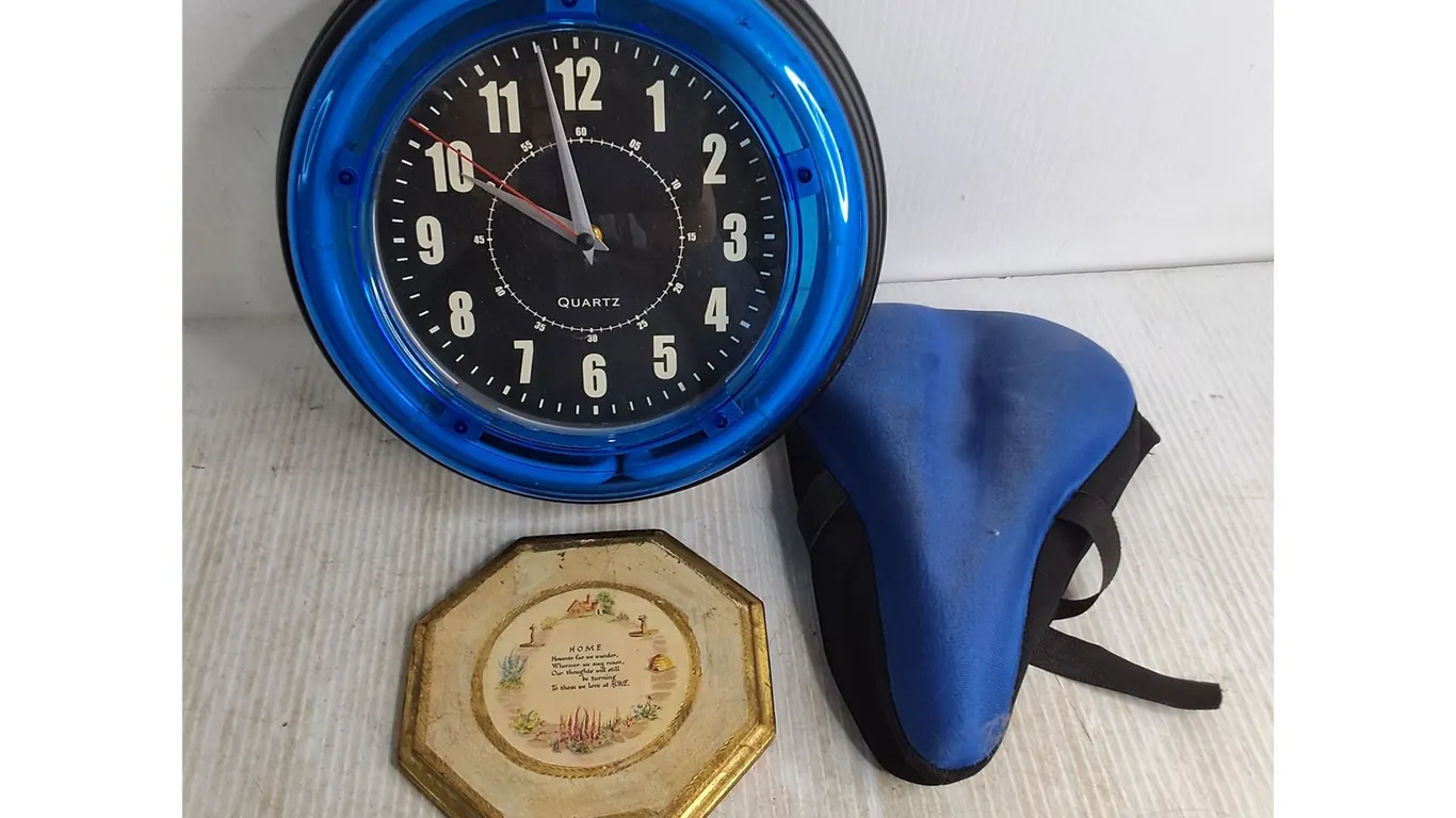 Light-up Wall Clock - Needs Batteries, "Home" Plaque, Bicycle Seat Cushion