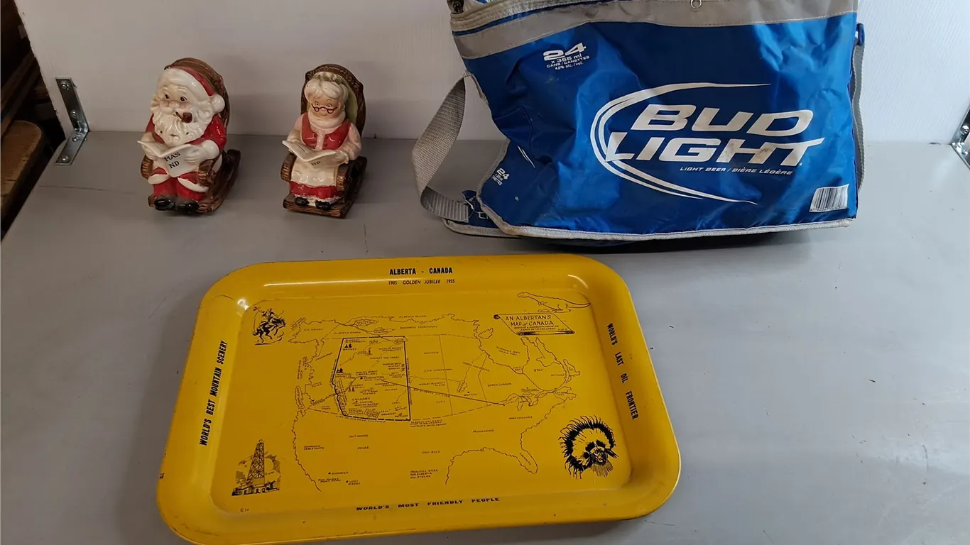 Mr. & Mrs. Clause Coinbanks, Alberta Metal Tray 17.5" x 12.75", Bud Light Cooler Bag- Broken Zipper