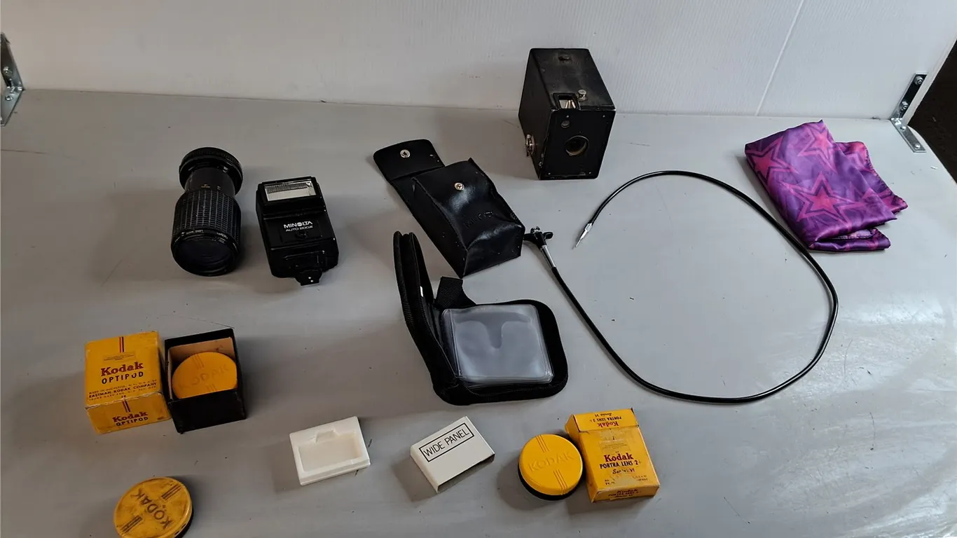 Kodak Brownie Box Camera- As Is, Cable Release, Lens, Misc.