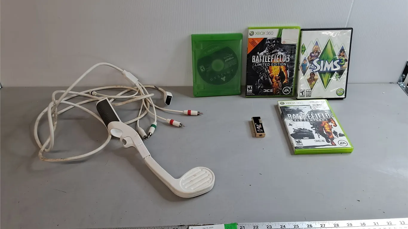 Harley Davidson Lighter, Xbox &CD Rom Games- The Sims 3, Destiny & Nintendo Wii Golf Club Attachment