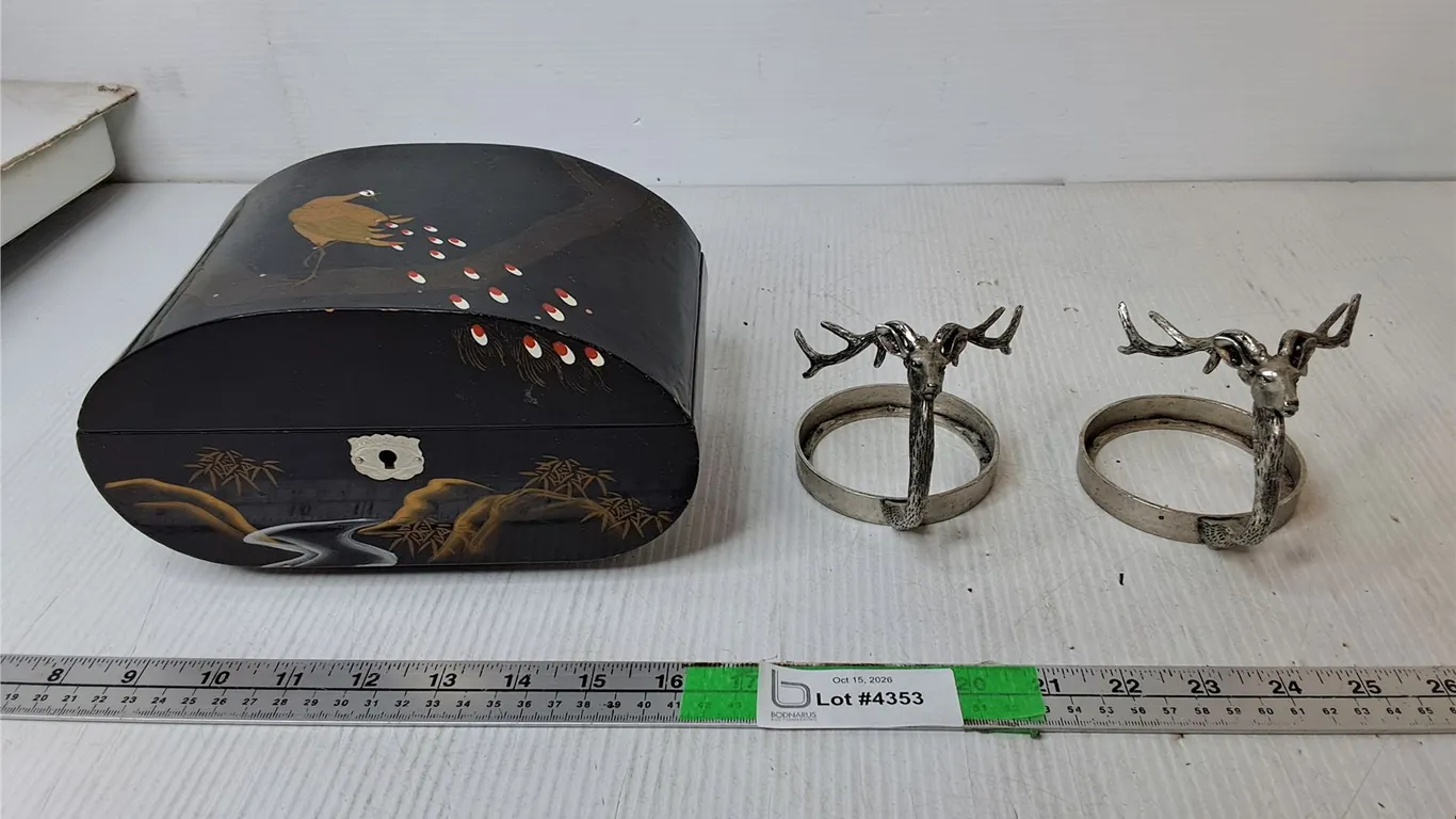 (2) Metal Deer Style Napkin Rings & Wooden Peacock Musical Jewelry Box- Working