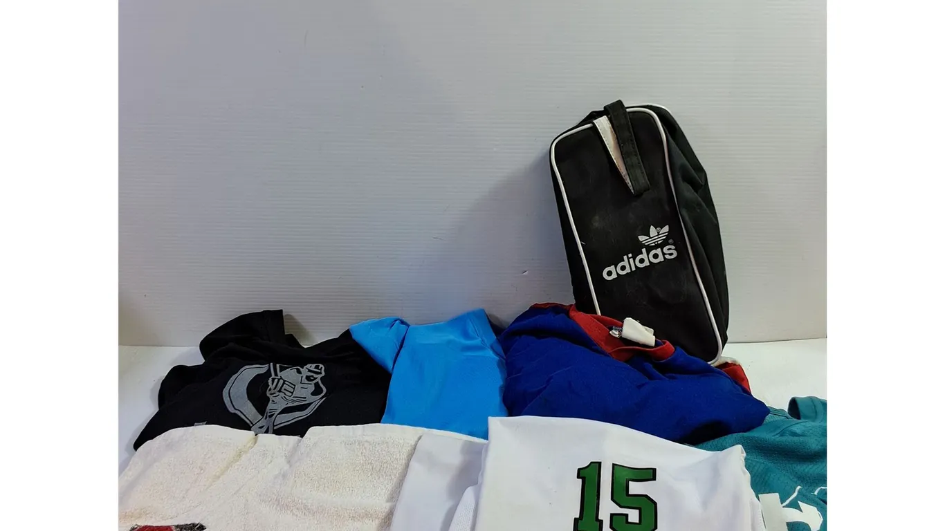Assorted Sports Jerseys, Gym Bag, Gym Towel, Hockey Leggings