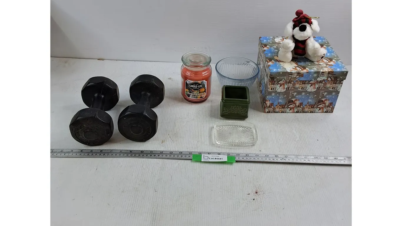 (2) Five Pound Weights - Sunlit Mandarin Berry Candle - Misc Glasswear - Christmas Dog - Gift Box