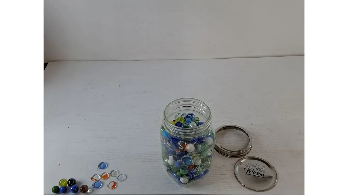 Mason Jar with Marbles and Flat Glass Pieces
