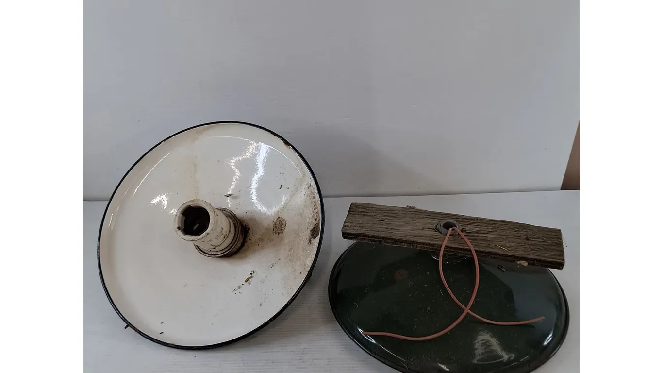 (2) Vintage Industrial Metal Enamel Saucer Lamp Light Fixtures Untested As-Is