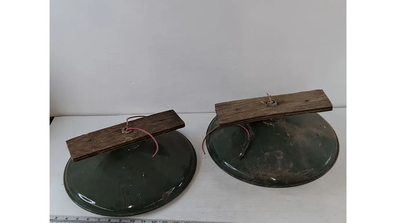 (2) Vintage Industrial Metal Enamel Saucer Lamp Light Fixtures Untested As-Is
