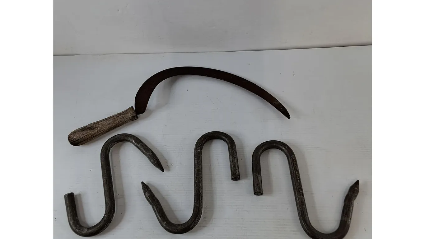 Harvesting Sickle and (3) Hand-Forged Iron Meat Hooks