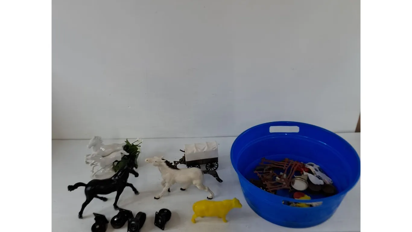 Assorted Plastic Farming/Ranching Animals and Props, Porcelain Horse Sculpture, (4) Small Wheels