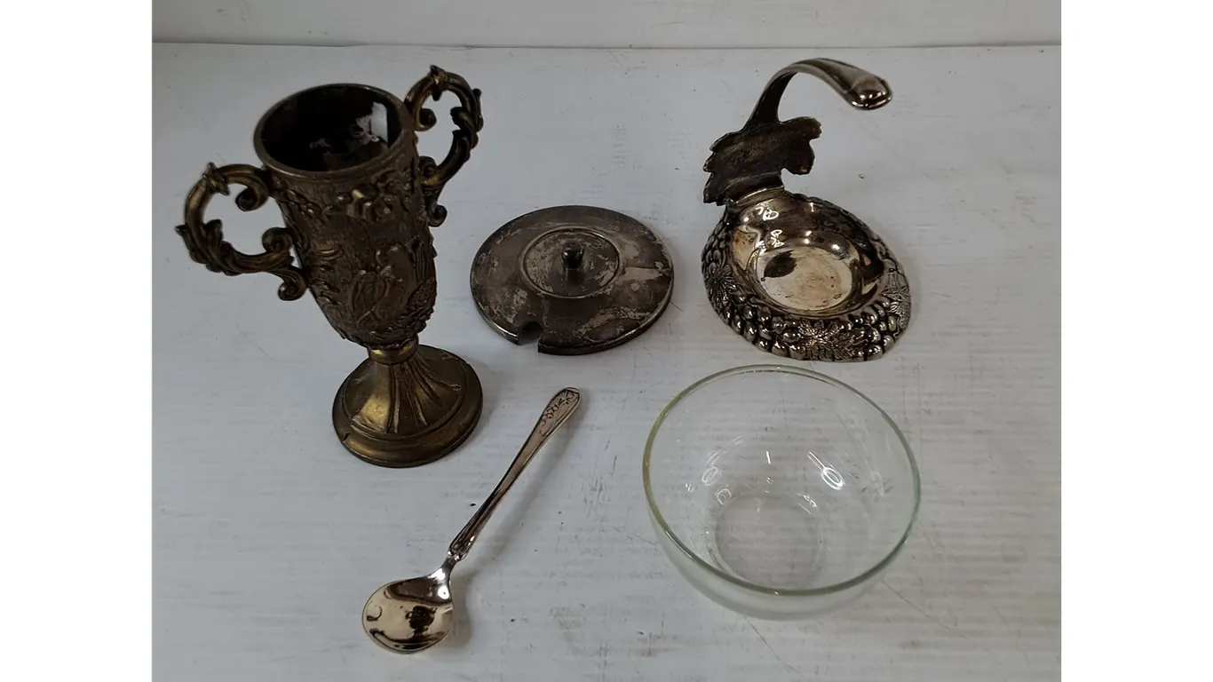 Metal Trophy Cup, Small Spoon, Metal Lid, Glass Bowl, Misc
