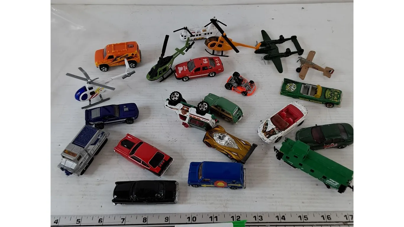 Assorted Toy Cars, Helicopters, (2) Planes, (1) Train Car, Maisto, Hot Wheels, Matchbox