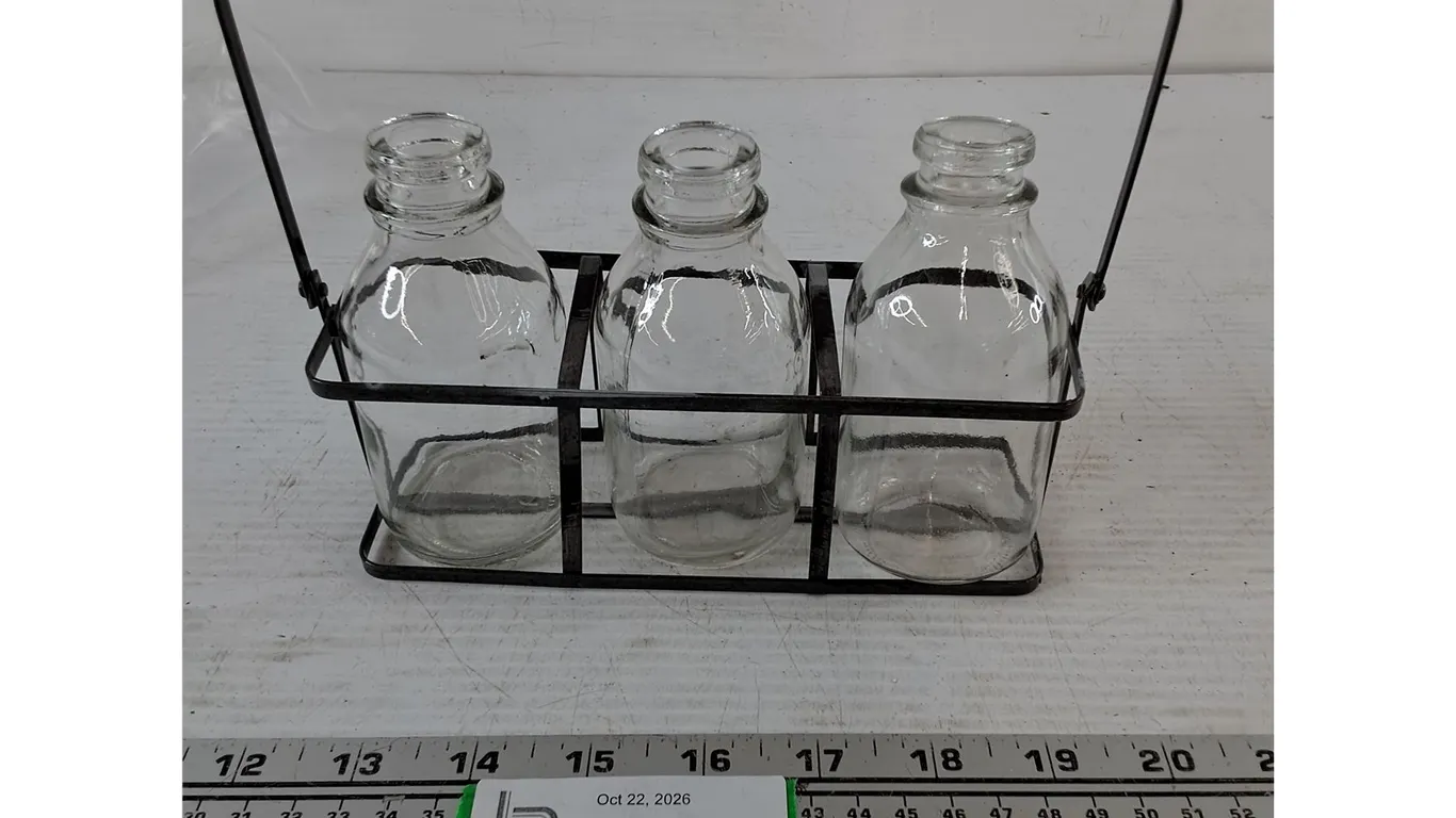 (3) Glass Mini Milk Bottles with Grey Metal Wire Caddy