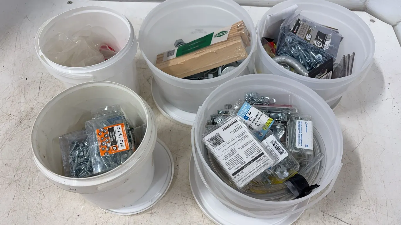 Pails Of Assorted Screws, Bolts, Nuts & Bits