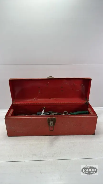 RED STEEL TOOL BOX WITH CONTENTS