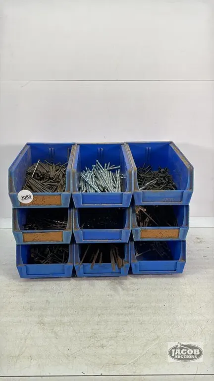 (9) PLASTIC BINS WITH QUANTITY OF NAILS