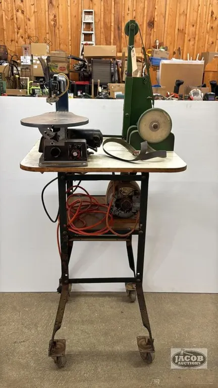 RYOBI SCROLL SAW AND BELT SANDER ON ROLLING TABLE